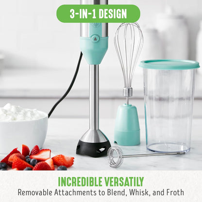 500-Watt Immersion Electric Handheld Stick Blender with Stainless Steel Blades, Whisk, Frother, Measuring Cup and Lid, Soups, Puree, Cake, Multi-Speed Control, Portable, Turquoise