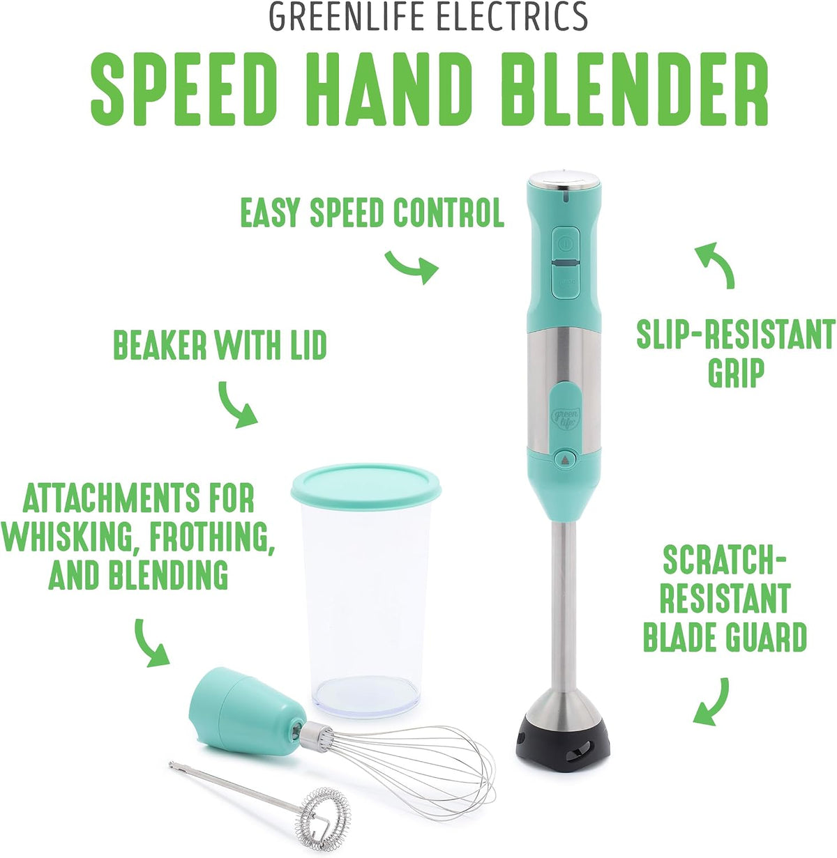 500-Watt Immersion Electric Handheld Stick Blender with Stainless Steel Blades, Whisk, Frother, Measuring Cup and Lid, Soups, Puree, Cake, Multi-Speed Control, Portable, Turquoise