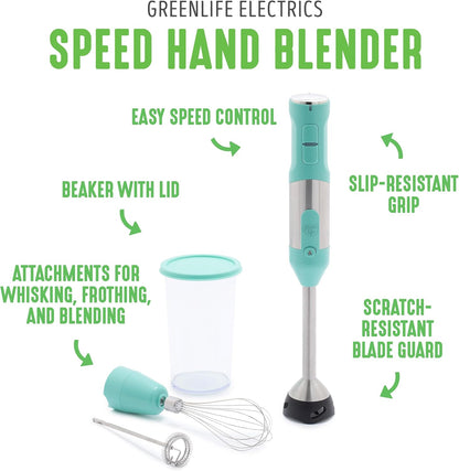 500-Watt Immersion Electric Handheld Stick Blender with Stainless Steel Blades, Whisk, Frother, Measuring Cup and Lid, Soups, Puree, Cake, Multi-Speed Control, Portable, Turquoise
