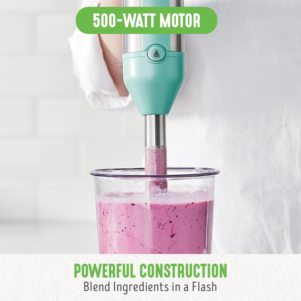 500-Watt Immersion Electric Handheld Stick Blender with Stainless Steel Blades, Whisk, Frother, Measuring Cup and Lid, Soups, Puree, Cake, Multi-Speed Control, Portable, Turquoise