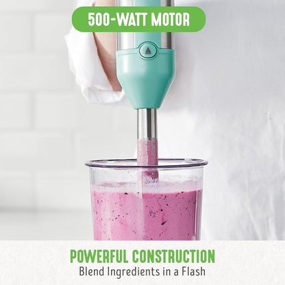 500-Watt Immersion Electric Handheld Stick Blender with Stainless Steel Blades, Whisk, Frother, Measuring Cup and Lid, Soups, Puree, Cake, Multi-Speed Control, Portable, Turquoise