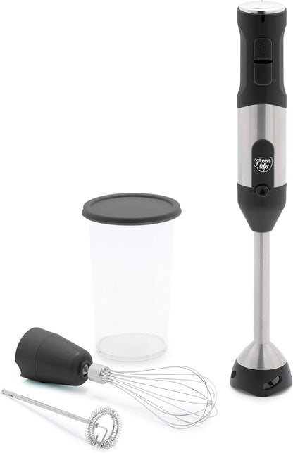 500-Watt Immersion Electric Handheld Stick Blender with Stainless Steel Blades, Whisk, Frother, Measuring Cup and Lid, Soups, Puree, Cake, Multi-Speed Control, Portable, Turquoise