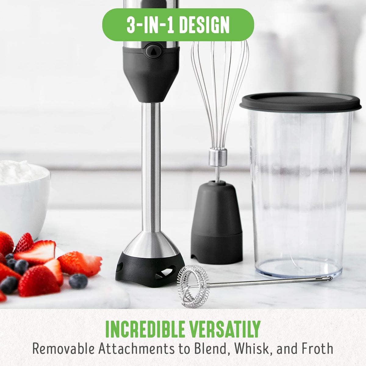 500-Watt Immersion Electric Handheld Stick Blender with Stainless Steel Blades, Whisk, Frother, Measuring Cup and Lid, Soups, Puree, Cake, Multi-Speed Control, Portable, Turquoise