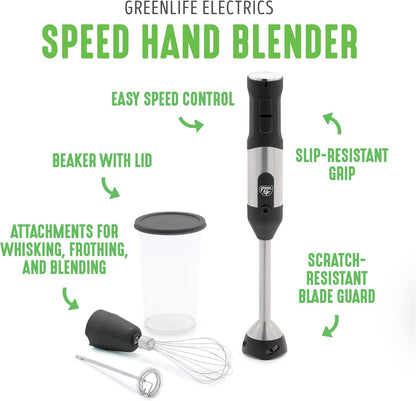 500-Watt Immersion Electric Handheld Stick Blender with Stainless Steel Blades, Whisk, Frother, Measuring Cup and Lid, Soups, Puree, Cake, Multi-Speed Control, Portable, Turquoise