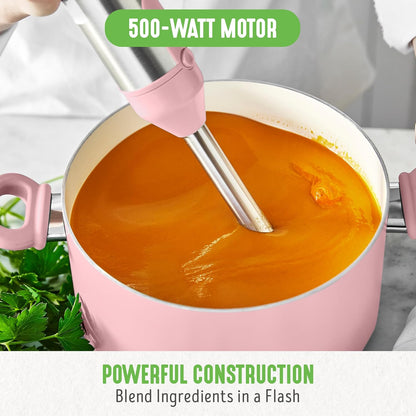 500-Watt Immersion Electric Handheld Stick Blender with Stainless Steel Blades, Whisk, Frother, Measuring Cup and Lid, Soups, Puree, Cake, Multi-Speed Control, Portable, Turquoise