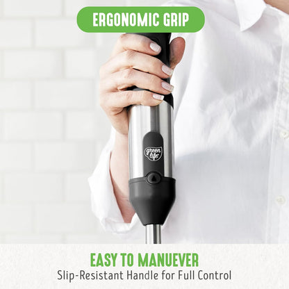 500-Watt Immersion Electric Handheld Stick Blender with Stainless Steel Blades, Whisk, Frother, Measuring Cup and Lid, Soups, Puree, Cake, Multi-Speed Control, Portable, Turquoise