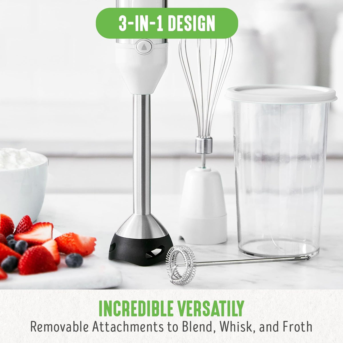 500-Watt Immersion Electric Handheld Stick Blender with Stainless Steel Blades, Whisk, Frother, Measuring Cup and Lid, Soups, Puree, Cake, Multi-Speed Control, Portable, Turquoise