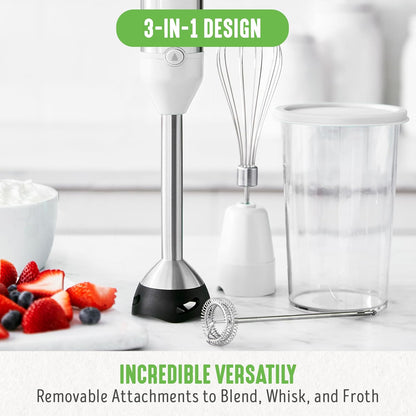 500-Watt Immersion Electric Handheld Stick Blender with Stainless Steel Blades, Whisk, Frother, Measuring Cup and Lid, Soups, Puree, Cake, Multi-Speed Control, Portable, Turquoise