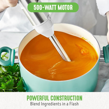 500-Watt Immersion Electric Handheld Stick Blender with Stainless Steel Blades, Whisk, Frother, Measuring Cup and Lid, Soups, Puree, Cake, Multi-Speed Control, Portable, Turquoise