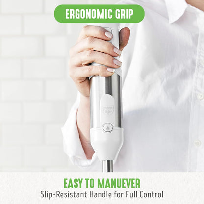 500-Watt Immersion Electric Handheld Stick Blender with Stainless Steel Blades, Whisk, Frother, Measuring Cup and Lid, Soups, Puree, Cake, Multi-Speed Control, Portable, Turquoise