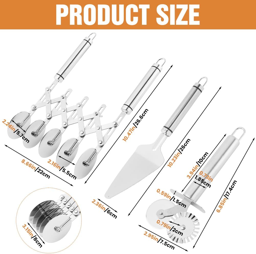 5 Wheel Pastry Cutter, Expandable Stainless Steel Dough Cutter Wheel with Handle, Baking Roller Cookie Dough Divider, Multi-Round Pastry Knife, Pizza Cutter Roller and Pie Server
