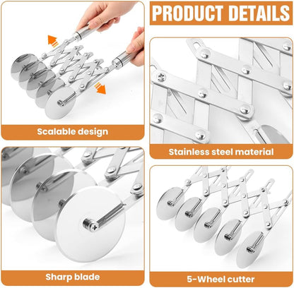 5 Wheel Pastry Cutter, Expandable Stainless Steel Dough Cutter Wheel with Handle, Baking Roller Cookie Dough Divider, Multi-Round Pastry Knife, Pizza Cutter Roller and Pie Server