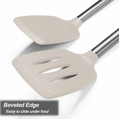 2 Pack Spatulas, Solid & Slotted Silicone Spatula Set, Stainless Steel Handle Coated with Silicone, Non Stick Turners, Heat Resistant Rubber Spatulas for Fish, Eggs, Pancakes, WOK, Black