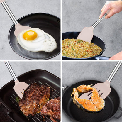 2 Pack Spatulas, Solid & Slotted Silicone Spatula Set, Stainless Steel Handle Coated with Silicone, Non Stick Turners, Heat Resistant Rubber Spatulas for Fish, Eggs, Pancakes, WOK, Black