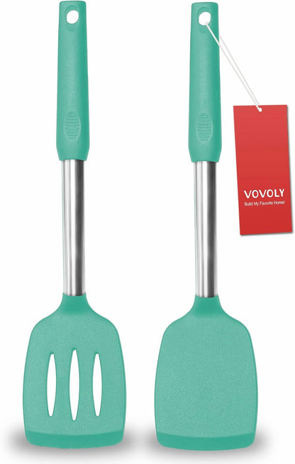 2 Pack Spatulas, Solid & Slotted Silicone Spatula Set, Stainless Steel Handle Coated with Silicone, Non Stick Turners, Heat Resistant Rubber Spatulas for Fish, Eggs, Pancakes, WOK, Black