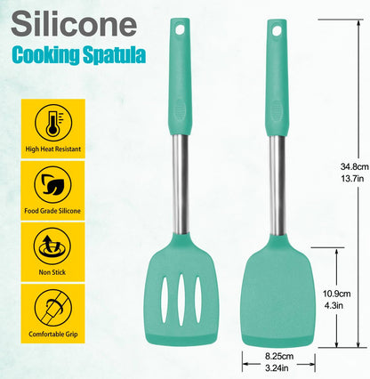 2 Pack Spatulas, Solid & Slotted Silicone Spatula Set, Stainless Steel Handle Coated with Silicone, Non Stick Turners, Heat Resistant Rubber Spatulas for Fish, Eggs, Pancakes, WOK, Black