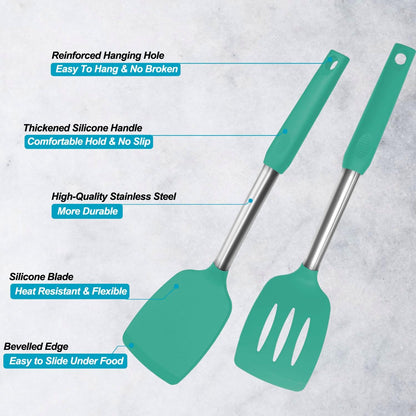 2 Pack Spatulas, Solid & Slotted Silicone Spatula Set, Stainless Steel Handle Coated with Silicone, Non Stick Turners, Heat Resistant Rubber Spatulas for Fish, Eggs, Pancakes, WOK, Black