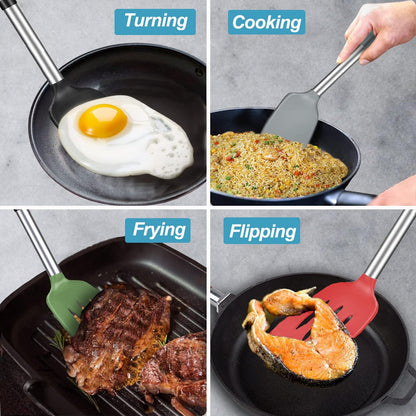 2 Pack Spatulas, Solid & Slotted Silicone Spatula Set, Stainless Steel Handle Coated with Silicone, Non Stick Turners, Heat Resistant Rubber Spatulas for Fish, Eggs, Pancakes, WOK, Black