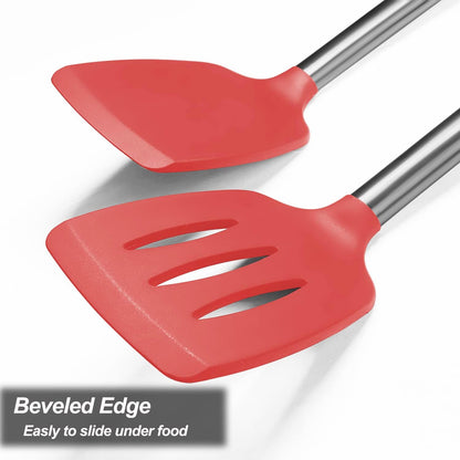 2 Pack Spatulas, Solid & Slotted Silicone Spatula Set, Stainless Steel Handle Coated with Silicone, Non Stick Turners, Heat Resistant Rubber Spatulas for Fish, Eggs, Pancakes, WOK, Black