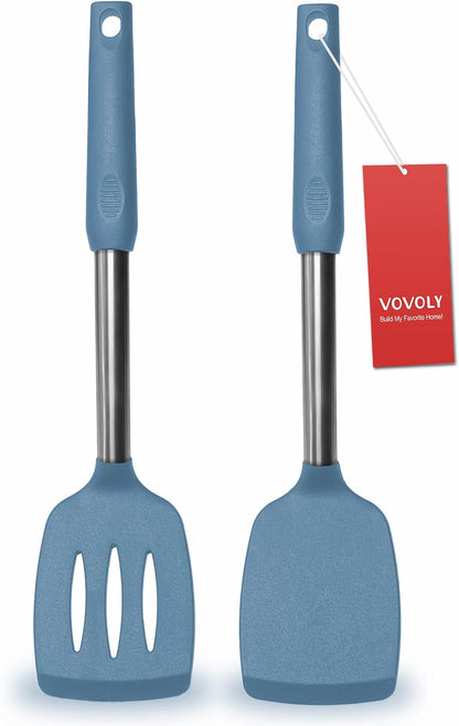 2 Pack Spatulas, Solid & Slotted Silicone Spatula Set, Stainless Steel Handle Coated with Silicone, Non Stick Turners, Heat Resistant Rubber Spatulas for Fish, Eggs, Pancakes, WOK, Black