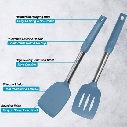 2 Pack Spatulas, Solid & Slotted Silicone Spatula Set, Stainless Steel Handle Coated with Silicone, Non Stick Turners, Heat Resistant Rubber Spatulas for Fish, Eggs, Pancakes, WOK, Black