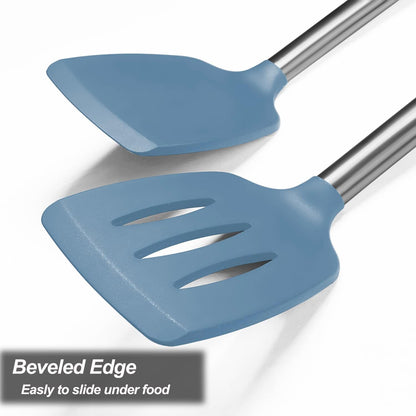 2 Pack Spatulas, Solid & Slotted Silicone Spatula Set, Stainless Steel Handle Coated with Silicone, Non Stick Turners, Heat Resistant Rubber Spatulas for Fish, Eggs, Pancakes, WOK, Black