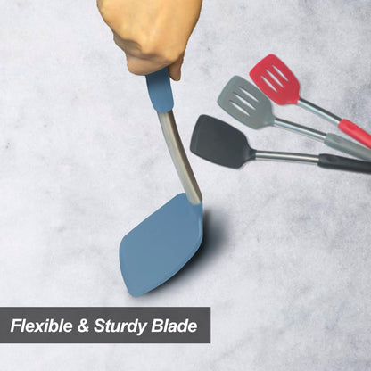 2 Pack Spatulas, Solid & Slotted Silicone Spatula Set, Stainless Steel Handle Coated with Silicone, Non Stick Turners, Heat Resistant Rubber Spatulas for Fish, Eggs, Pancakes, WOK, Black