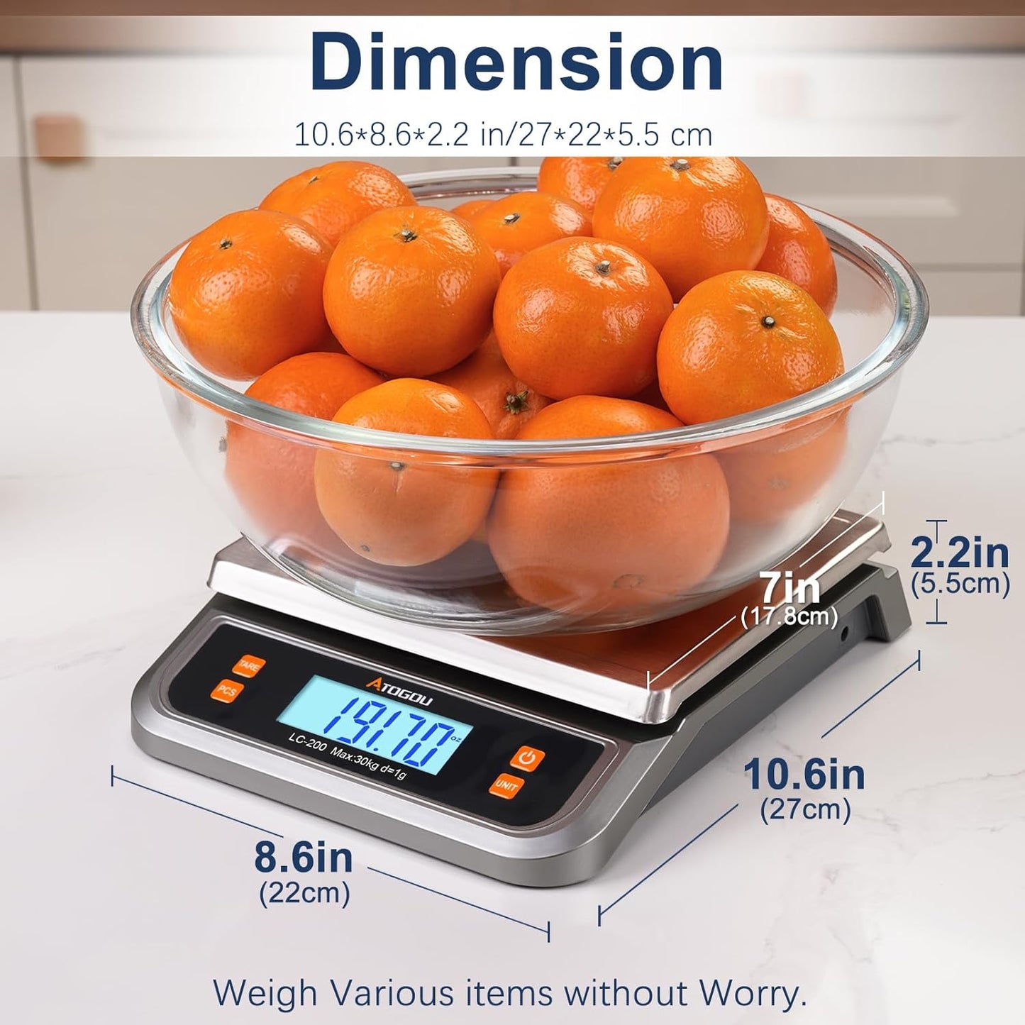 88lb Commercial Digital Kitchen Scale 40kg/1g, with 6 Units Conversion, Stainless Steel, LCD Display, AA Battery or Plug-in Use for Baking, Bread, Cooking, Meat LC200 Grey