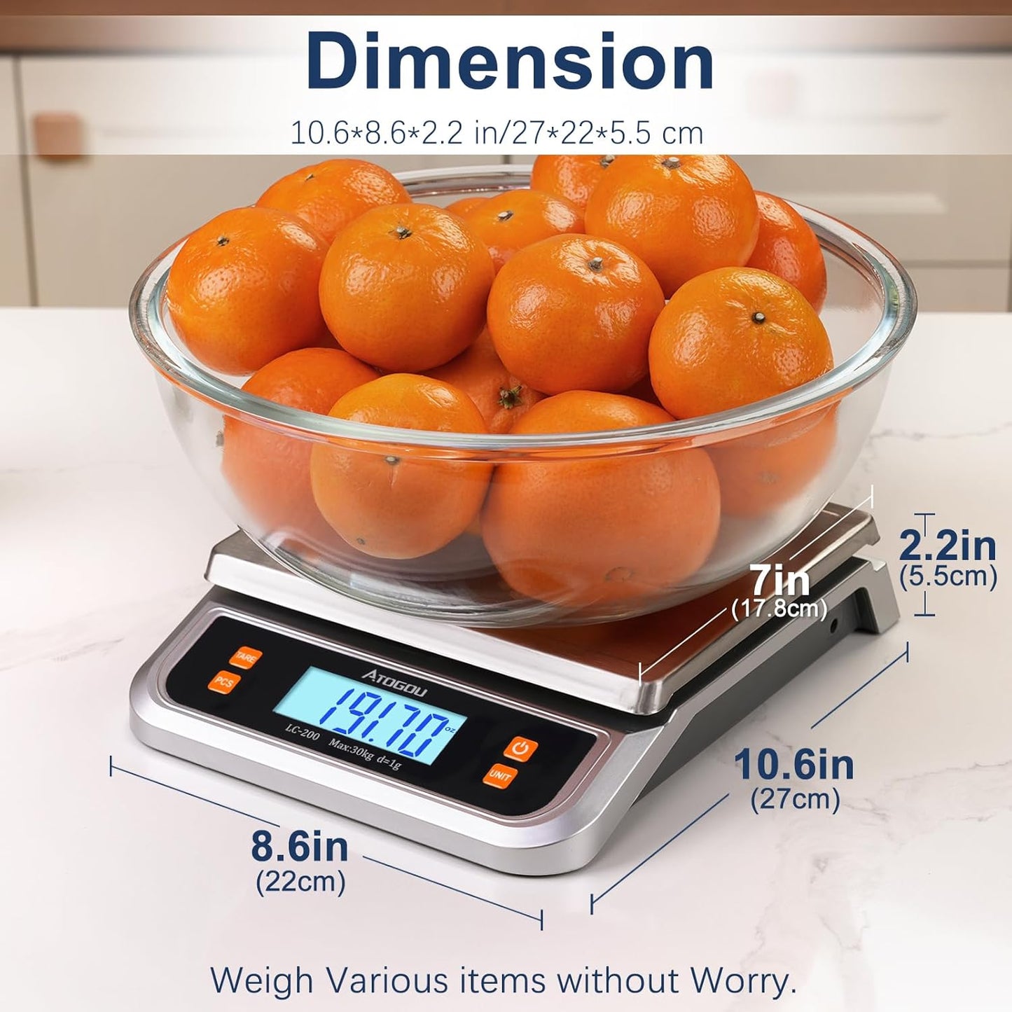 88lb Commercial Digital Kitchen Scale 40kg/1g, with 6 Units Conversion, Stainless Steel, LCD Display, AA Battery or Plug-in Use for Baking, Bread, Cooking, Meat LC200 Grey
