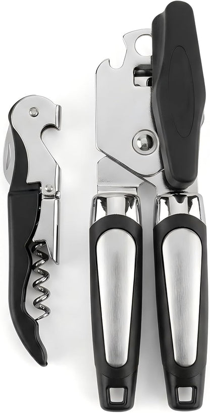 Manual Can Opener & Wine Corkscrew Set, Smooth Edge Safe Cut, Ergonomic Soft Grip for Seniors & Arthritis, Food Grade Stainless Steel, Great Kitchen Gift for Home & Camping