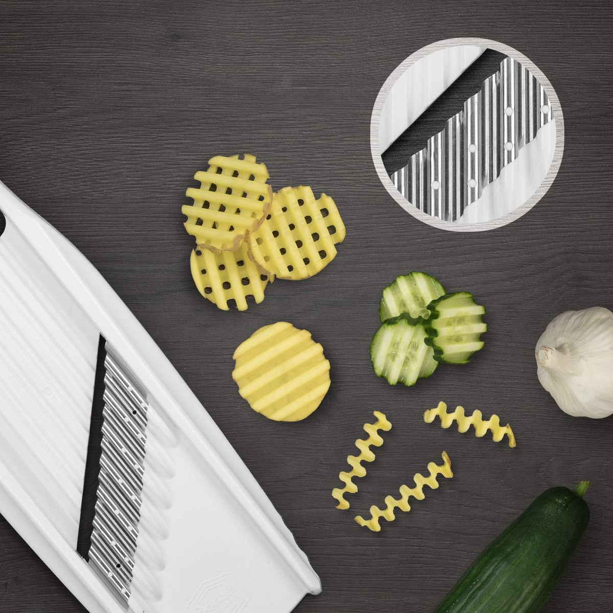 Wave-Waffle XXL PowerLine Crinkle Cut Vegetable Slicer (White) • Wavy Mandoline for Vegetables • Wave/Waffle/Crinkle Cut • Potato Slicer for Lattice Potatoes