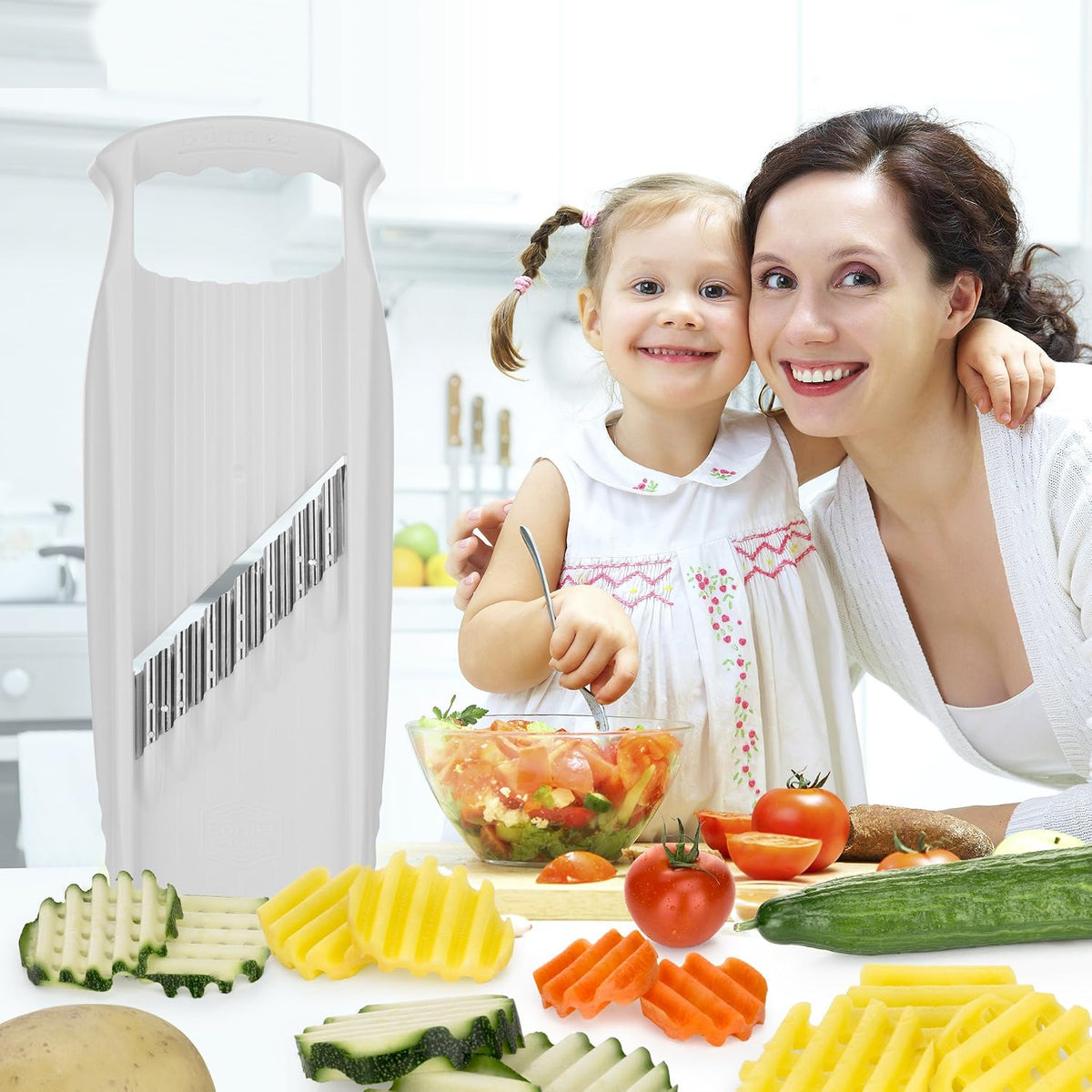 Wave-Waffle XXL PowerLine Crinkle Cut Vegetable Slicer (White) • Wavy Mandoline for Vegetables • Wave/Waffle/Crinkle Cut • Potato Slicer for Lattice Potatoes