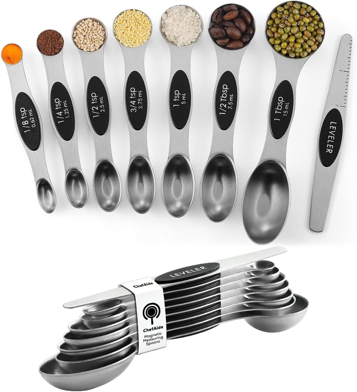 Set of 8 Magnetic Measuring Spoons, Stainless Steel, Dual Sided