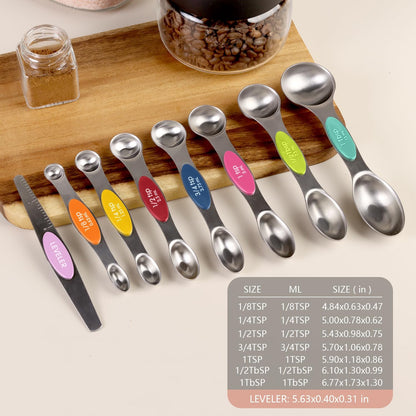 Set of 8 Magnetic Measuring Spoons, Stainless Steel, Dual Sided