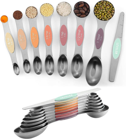 Set of 8 Magnetic Measuring Spoons, Stainless Steel, Dual Sided