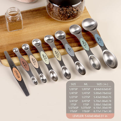 Set of 8 Magnetic Measuring Spoons, Stainless Steel, Dual Sided