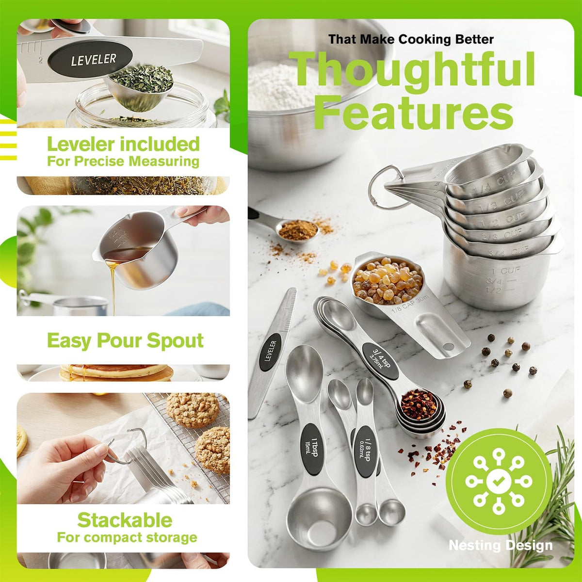 Set of 8 Magnetic Measuring Spoons, Stainless Steel, Dual Sided