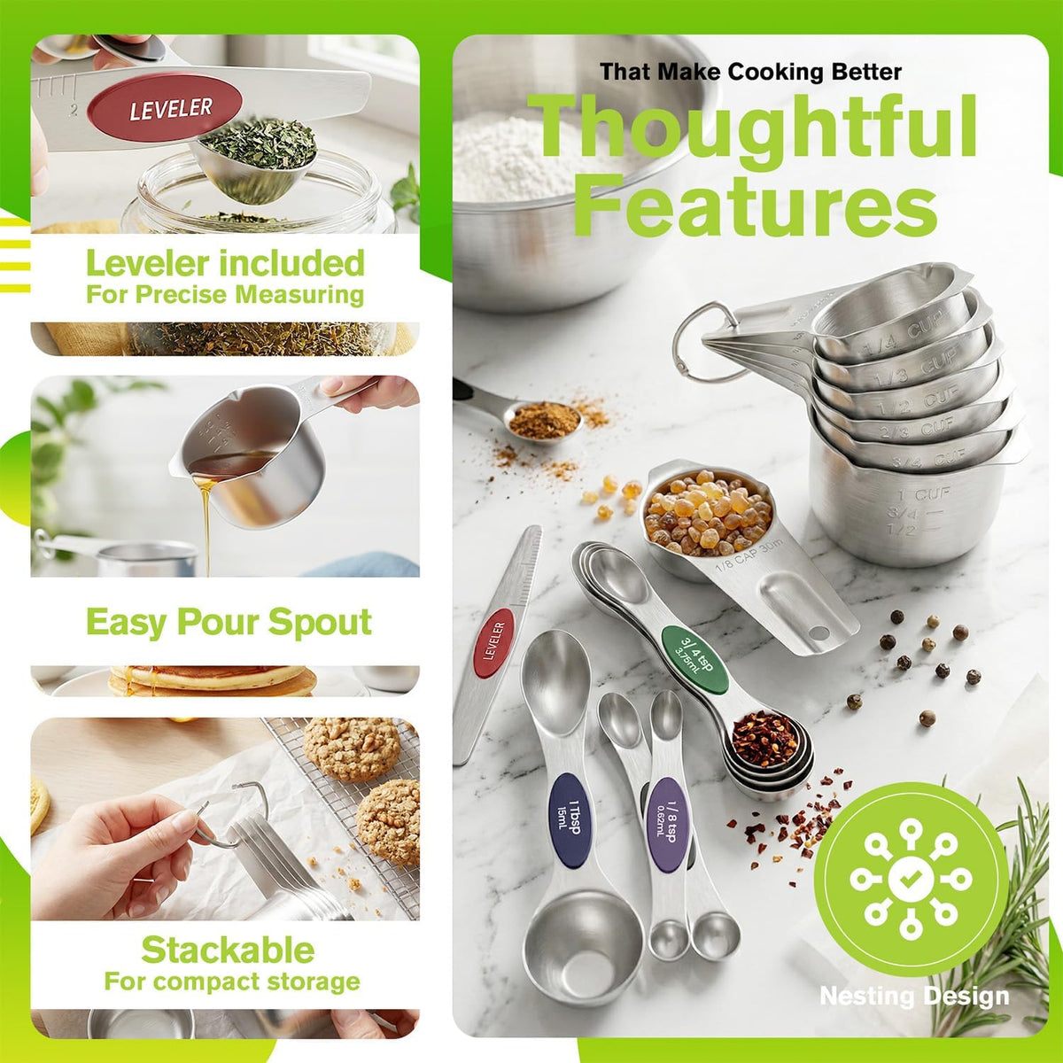 Set of 8 Magnetic Measuring Spoons, Stainless Steel, Dual Sided
