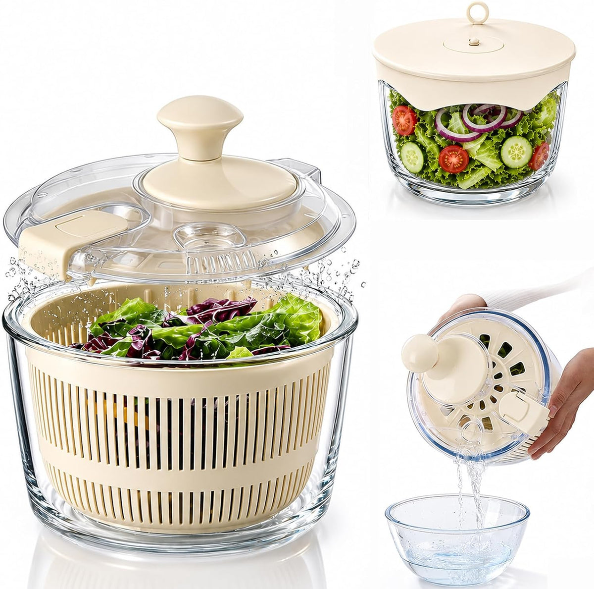 Glass Salad Spinner 3.2 Qt, Small Salad Spinner, Glass Bowl, White