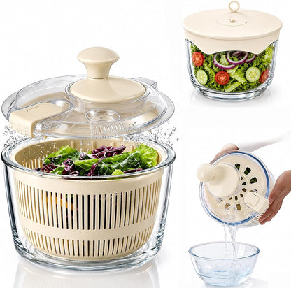 Glass Salad Spinner 3.2 Qt, Small Salad Spinner, Glass Bowl, White
