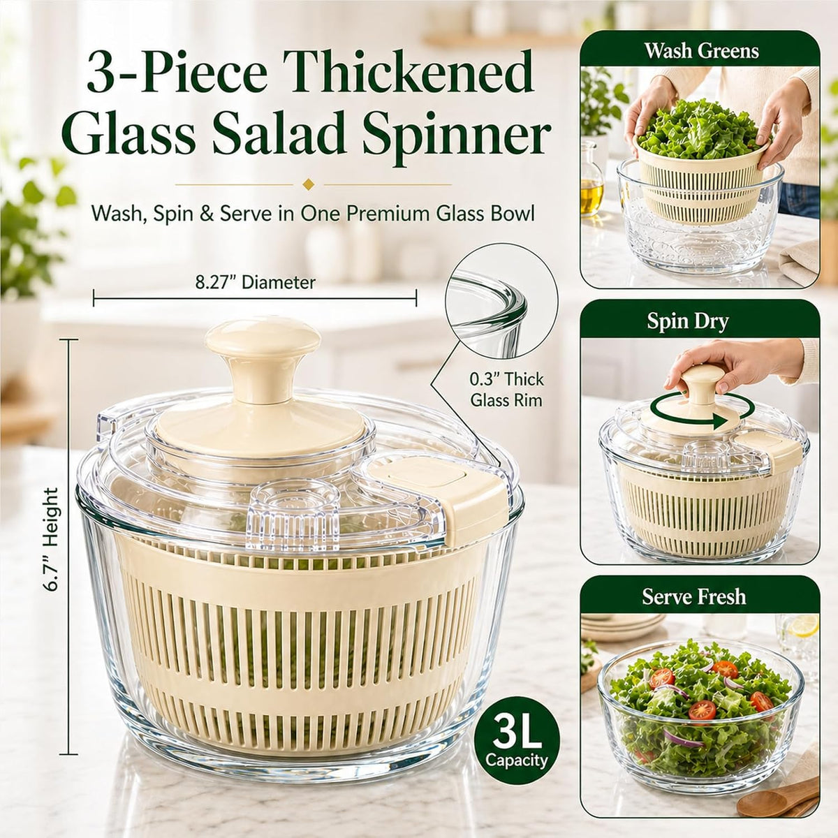 Glass Salad Spinner 3.2 Qt, Small Salad Spinner, Glass Bowl, White