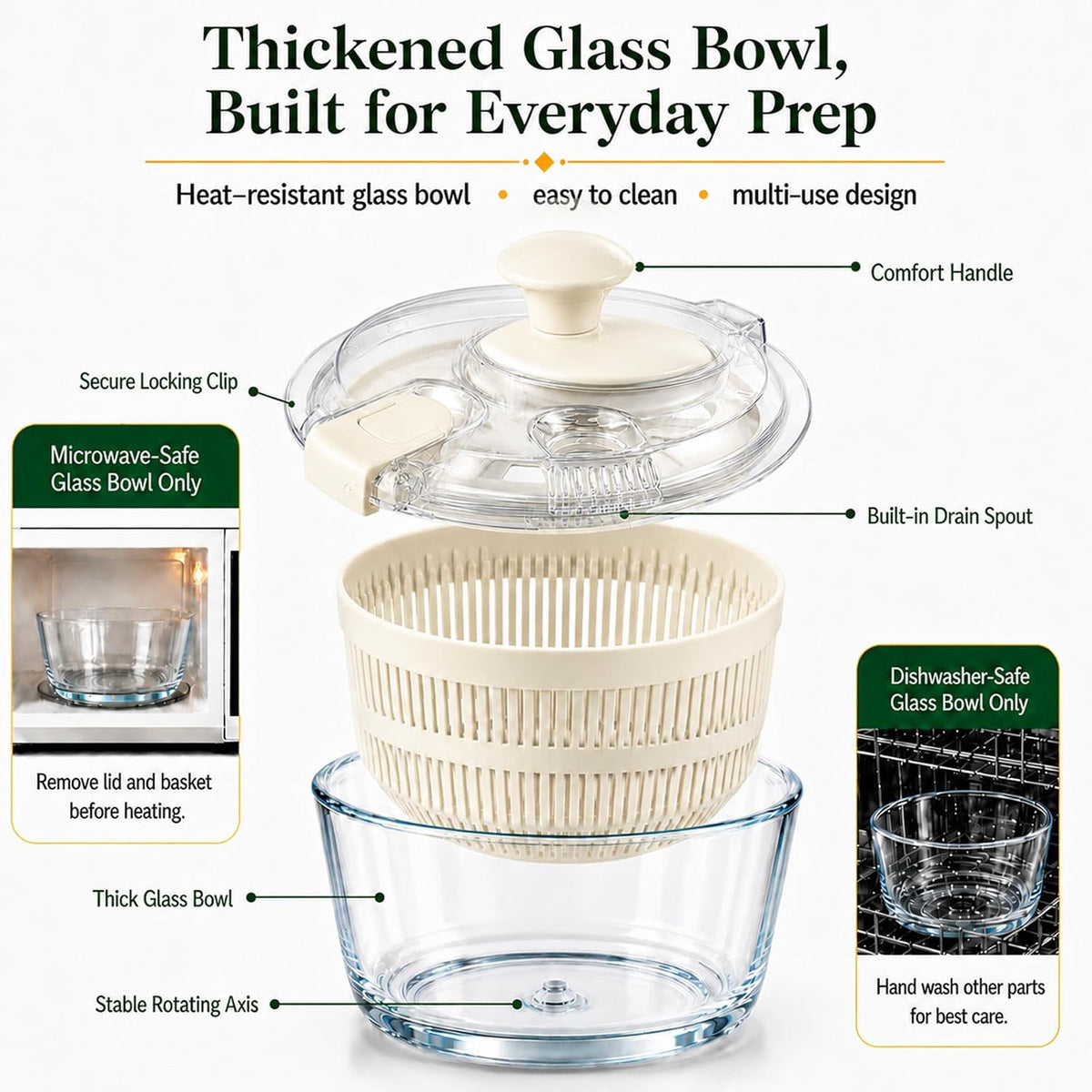 Glass Salad Spinner 3.2 Qt, Small Salad Spinner, Glass Bowl, White