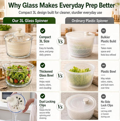 Glass Salad Spinner 3.2 Qt, Small Salad Spinner, Glass Bowl, White