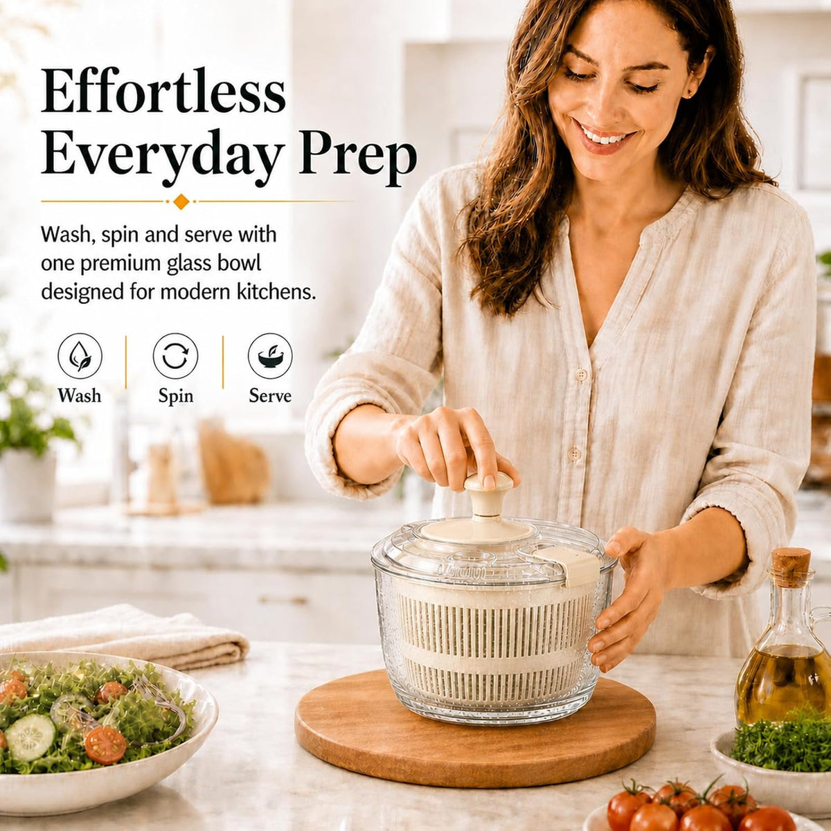 Glass Salad Spinner 3.2 Qt, Small Salad Spinner, Glass Bowl, White