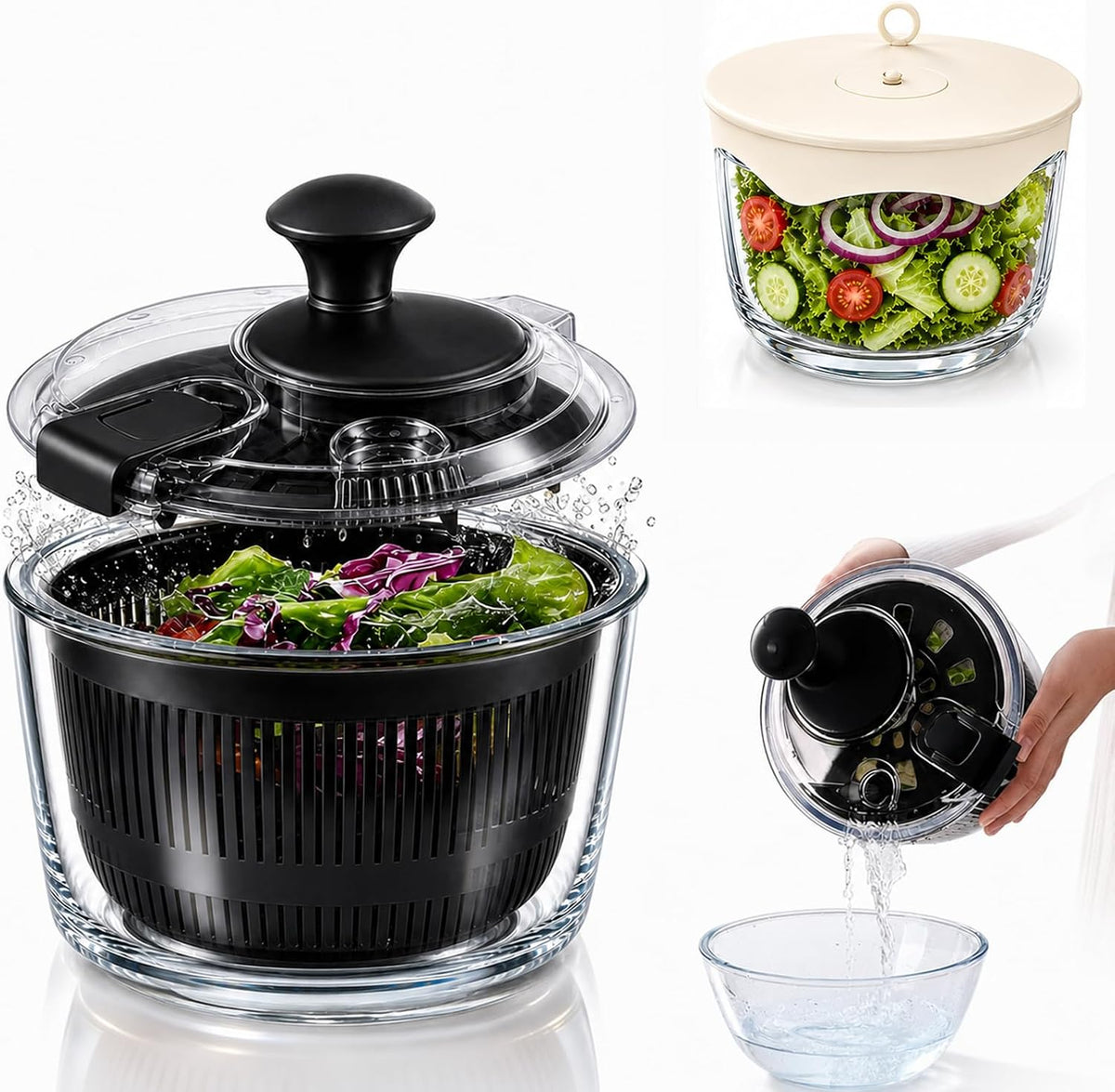 Glass Salad Spinner 3.2 Qt, Small Salad Spinner, Glass Bowl, White