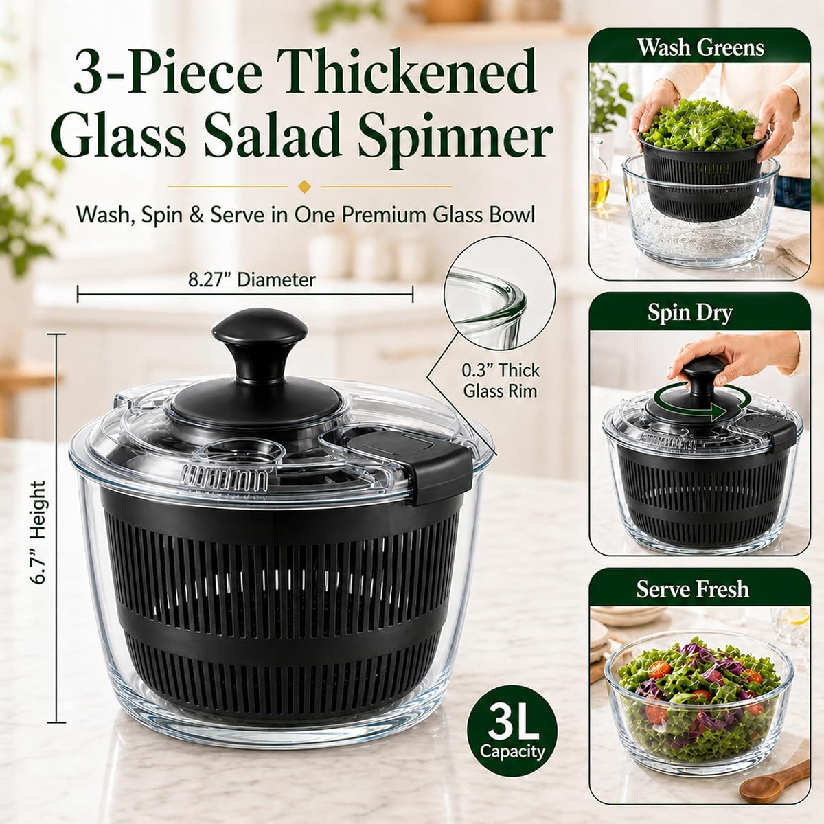 Glass Salad Spinner 3.2 Qt, Small Salad Spinner, Glass Bowl, White