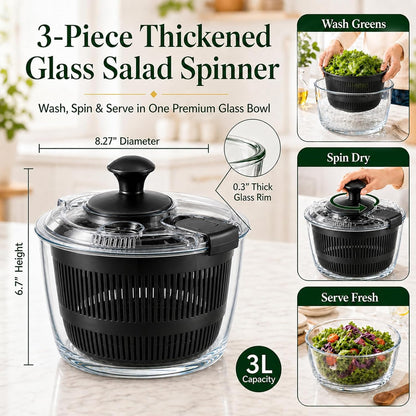 Glass Salad Spinner 3.2 Qt, Small Salad Spinner, Glass Bowl, White