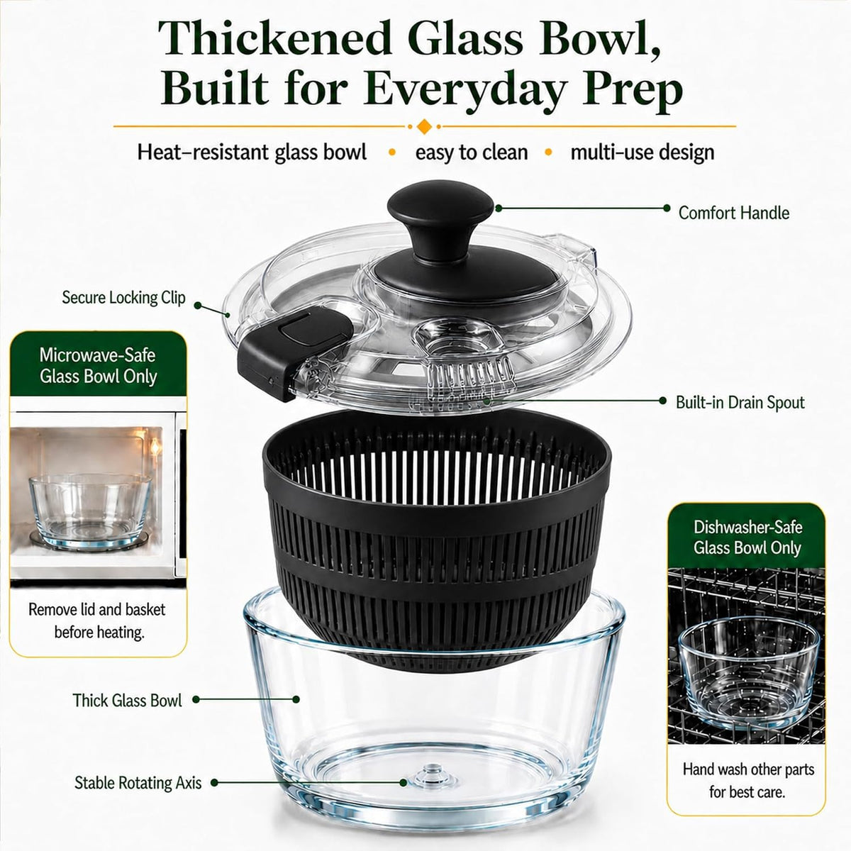 Glass Salad Spinner 3.2 Qt, Small Salad Spinner, Glass Bowl, White