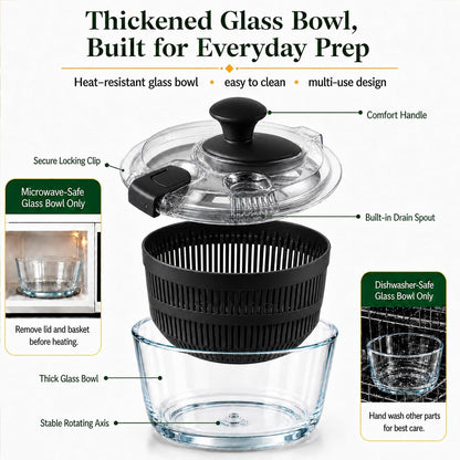 Glass Salad Spinner 3.2 Qt, Small Salad Spinner, Glass Bowl, White