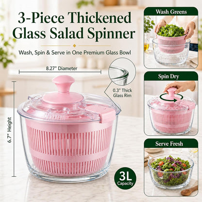 Glass Salad Spinner 3.2 Qt, Small Salad Spinner, Glass Bowl, White